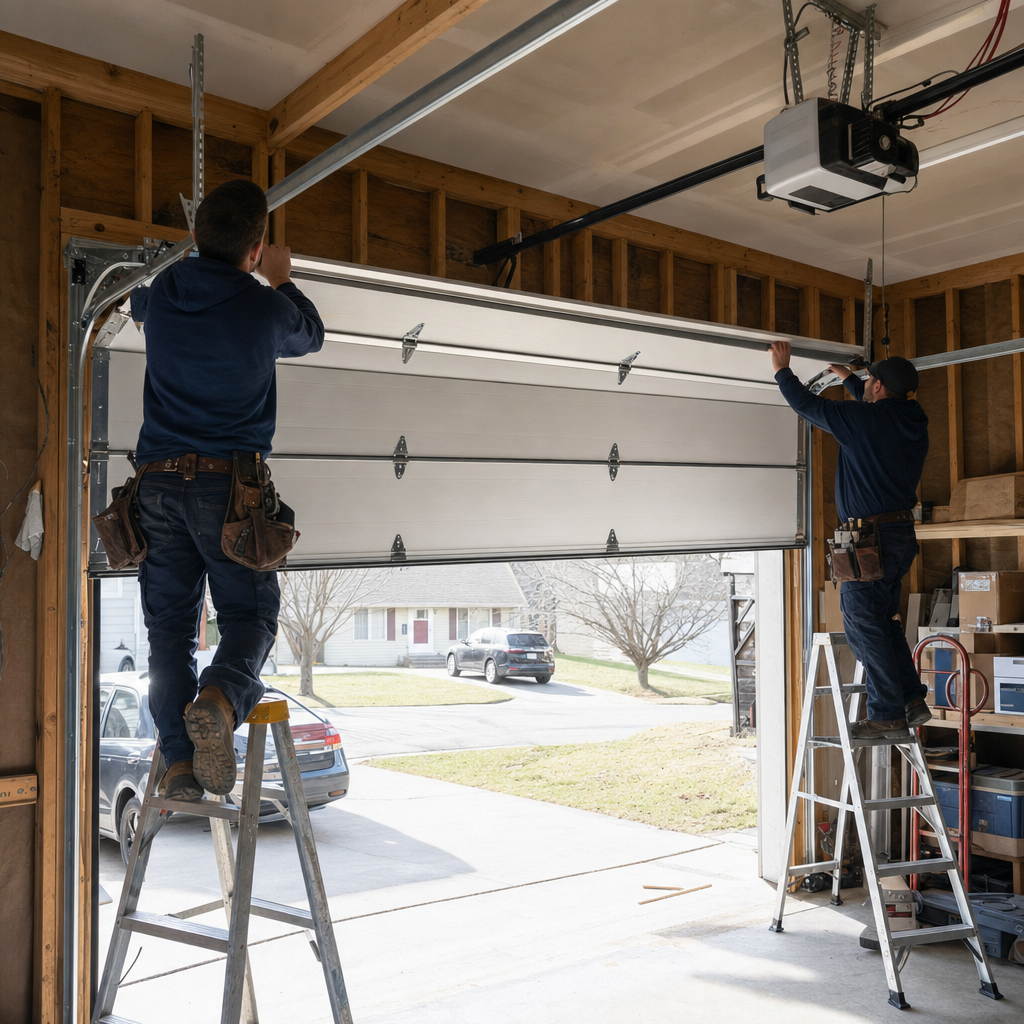 Two professional technicians installing a modern residential garage door