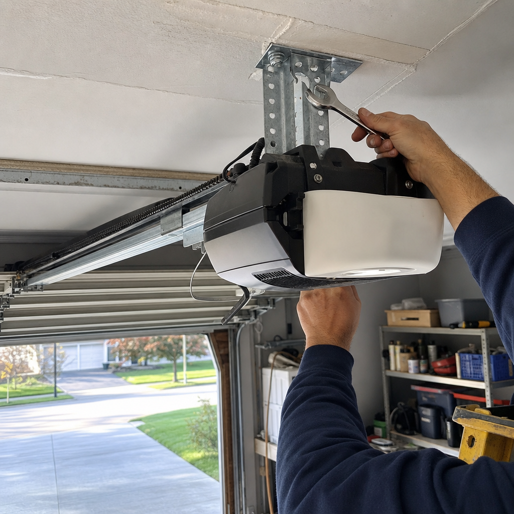Technician using a wrench to install a garage door opener system