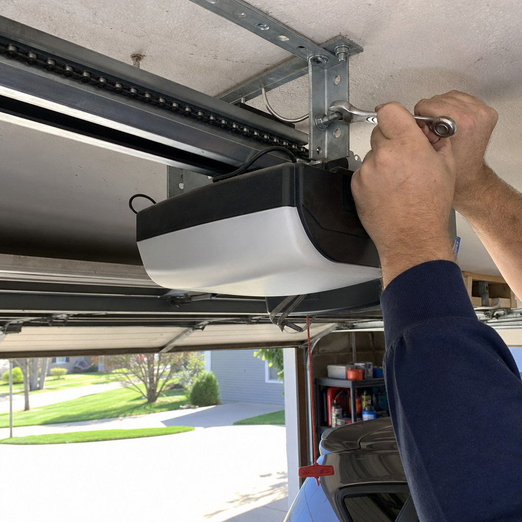 Technician tightening a bolt on a garage door opener motor unit