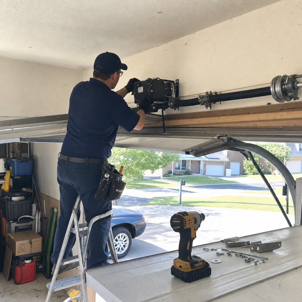 Technician installing a residential garage door opener system on a ladder