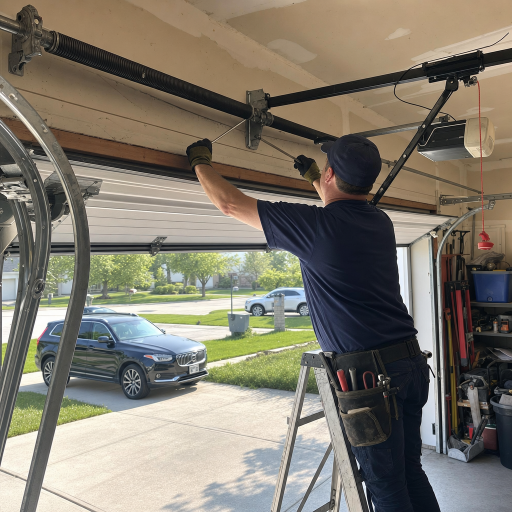 Technician performing professional garage door spring repair and maintenance