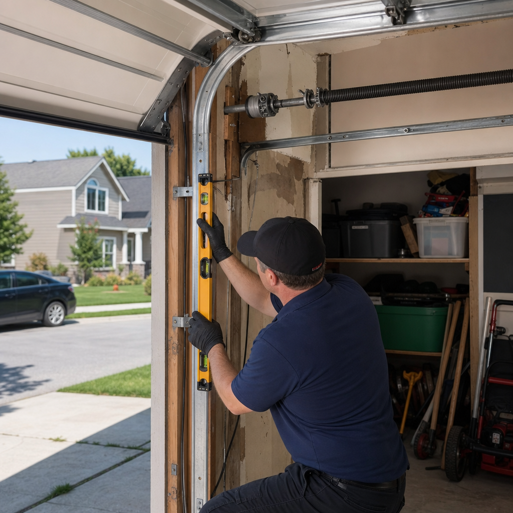 Technician checking vertical alignment of a garage door track with a level