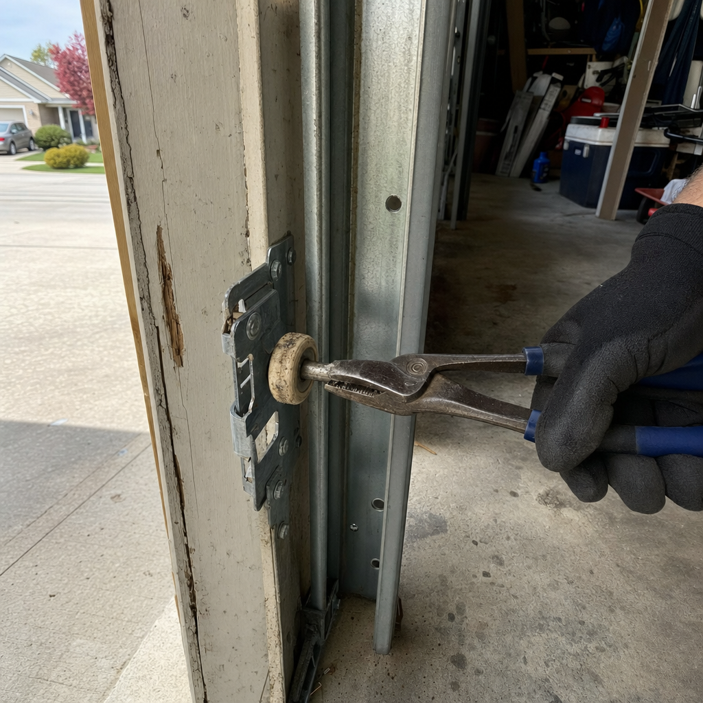 Technician using pliers to repair a residential garage door roller