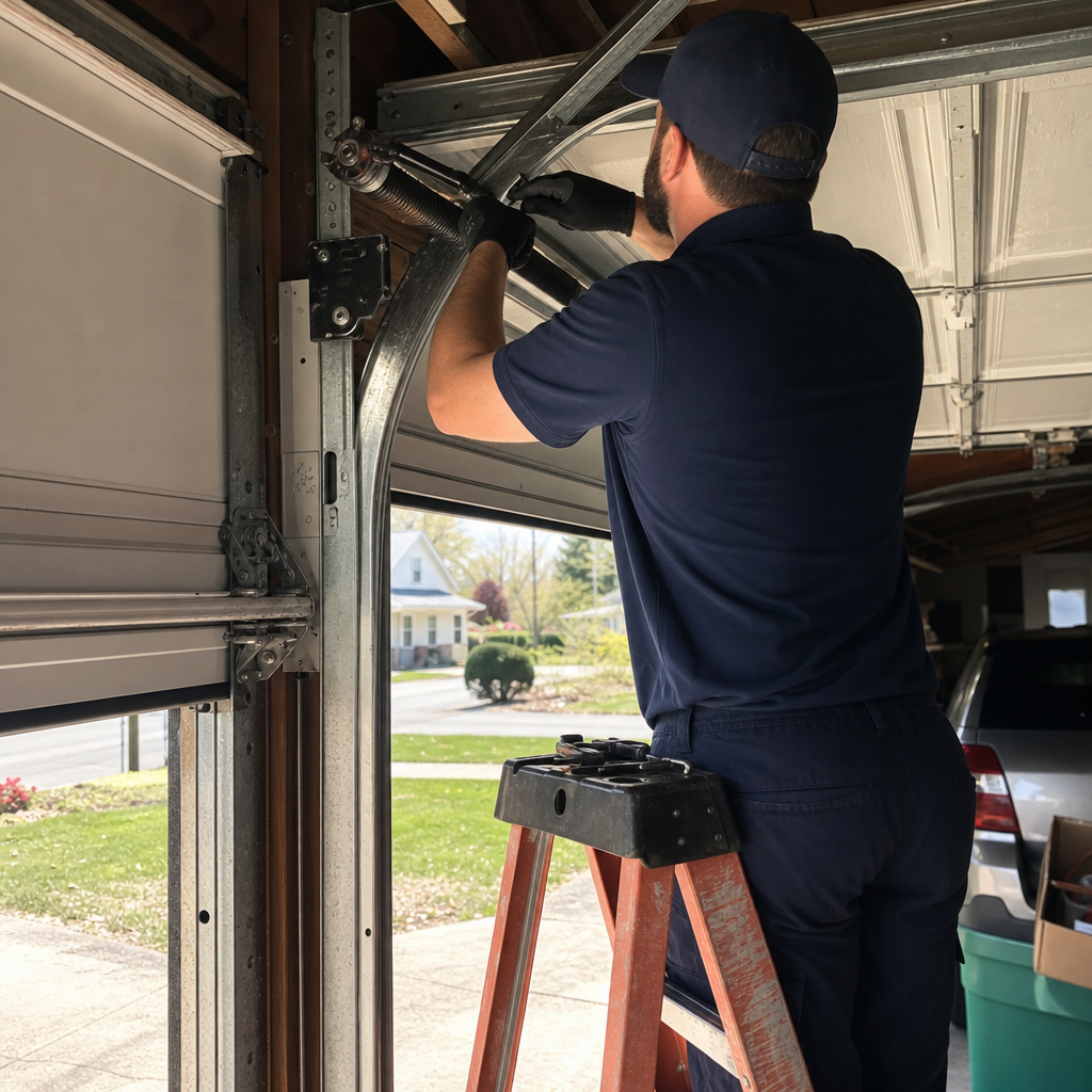 Technician performing professional emergency garage door spring repair in Ohio, OH