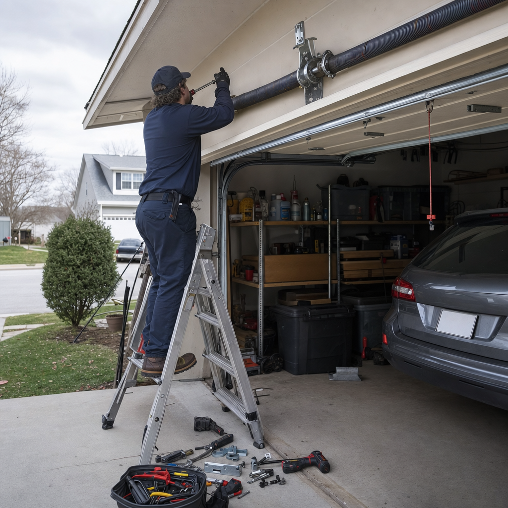 Professional technician performing emergency garage door spring repair in Ohio, OH