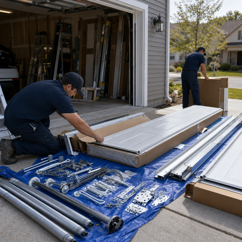 Professional technician organizing garage door panels and installation hardware components in Ohio, OH