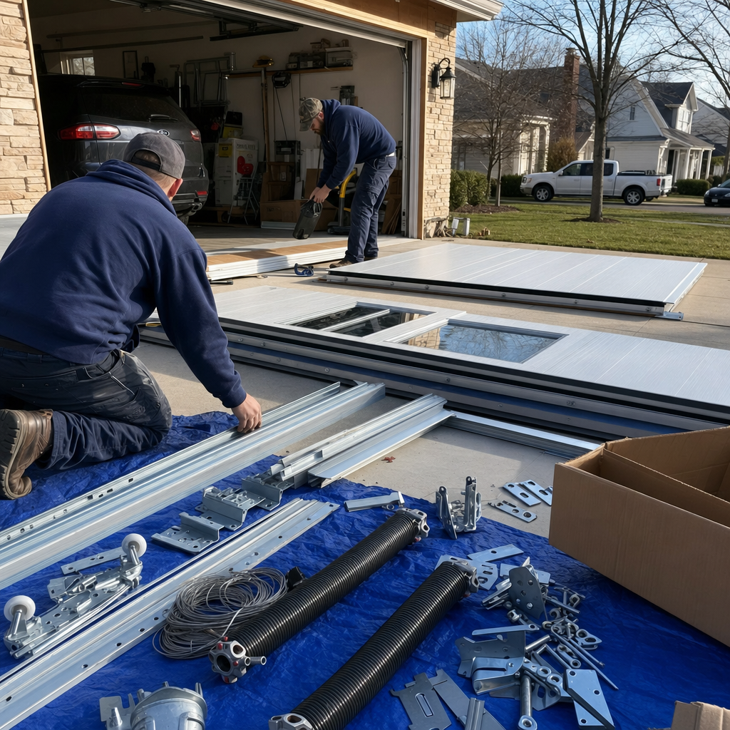 Two technicians organizing professional garage door installation components on a driveway in Ohio, OH