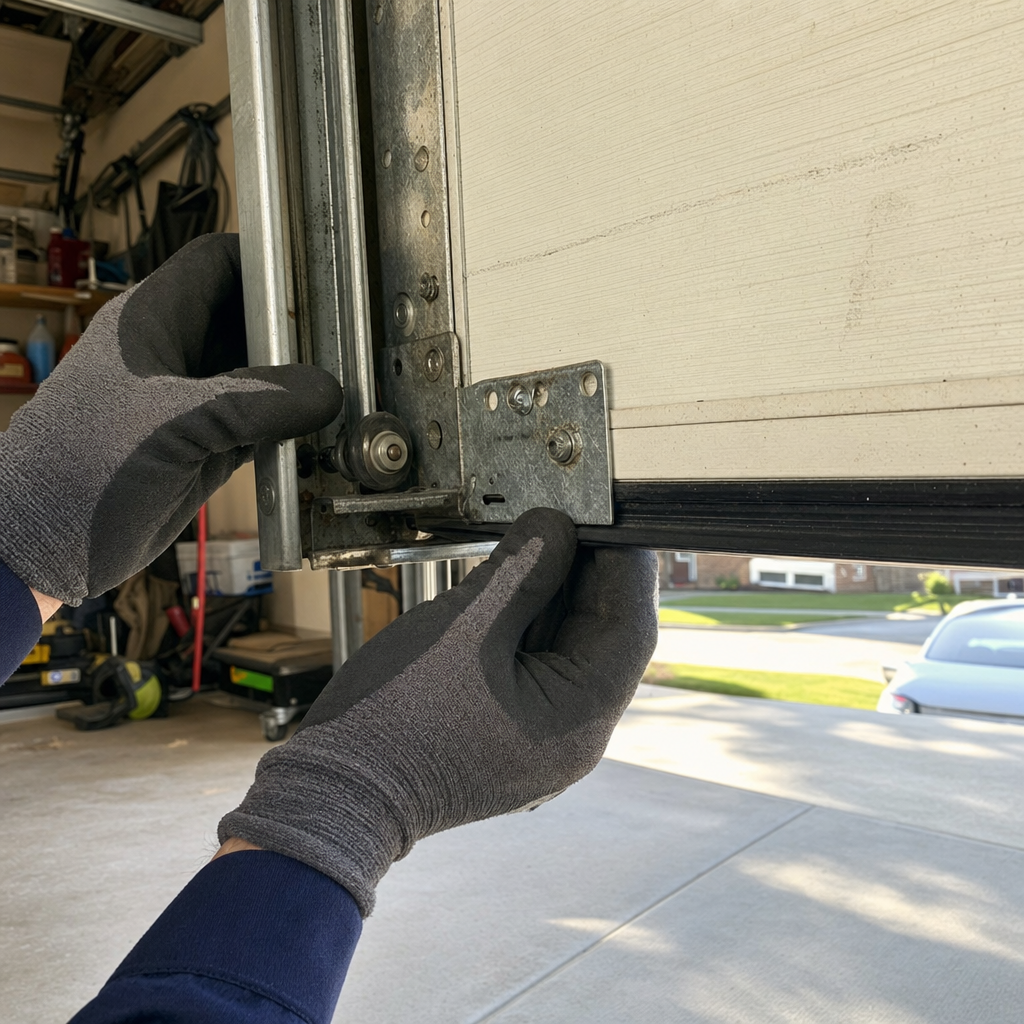 Technician performing professional garage door hardware repair and maintenance in Ohio, OH